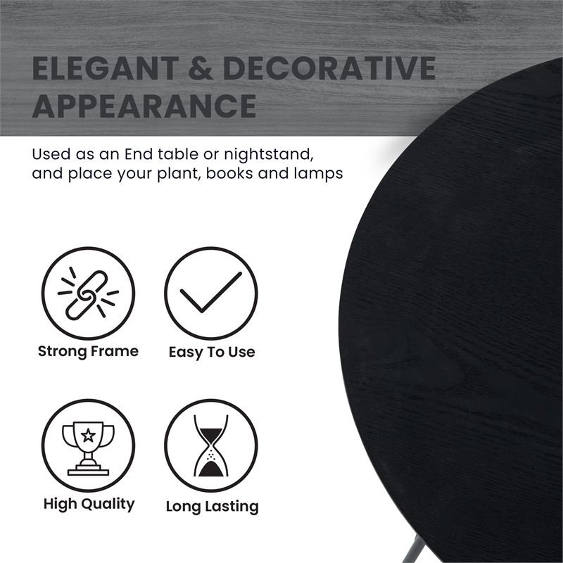 LeisureMod Rossmore Round Side Table With Wood Top and Black Frame Black