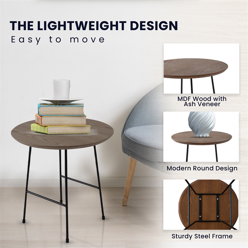 LeisureMod Rossmore Round Side Table With Wood Top and Black Frame Walnut