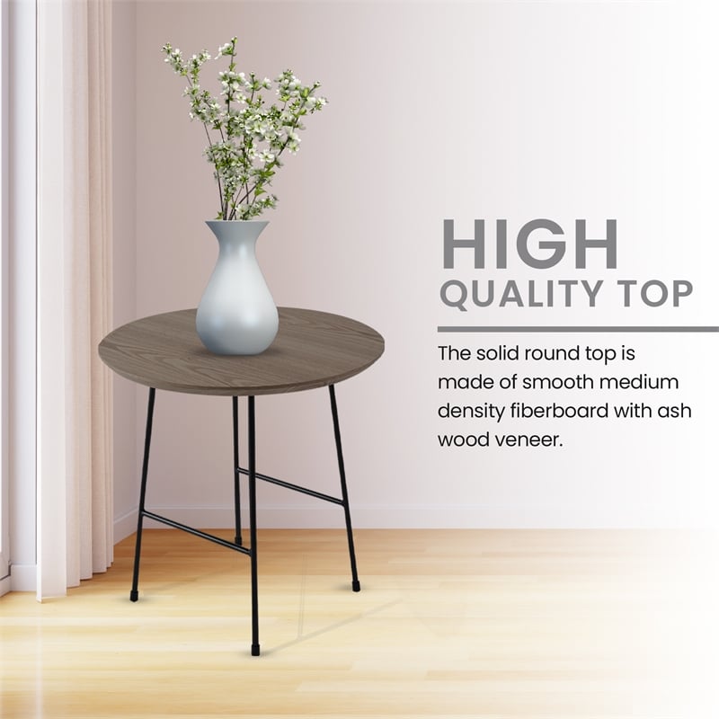 LeisureMod Rossmore Round Side Table With Wood Top and Black Frame Walnut
