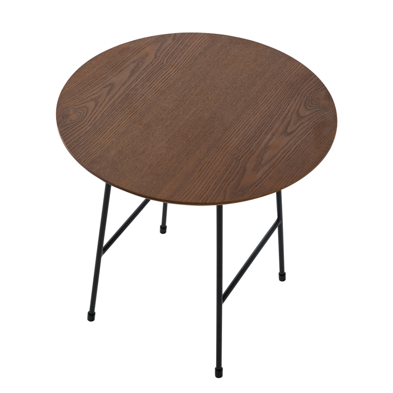 LeisureMod Rossmore Round Side Table With Wood Top and Black Frame Walnut