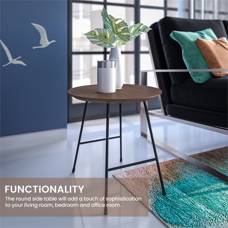 LeisureMod Rossmore Round Side Table With Wood Top and Black Frame Walnut