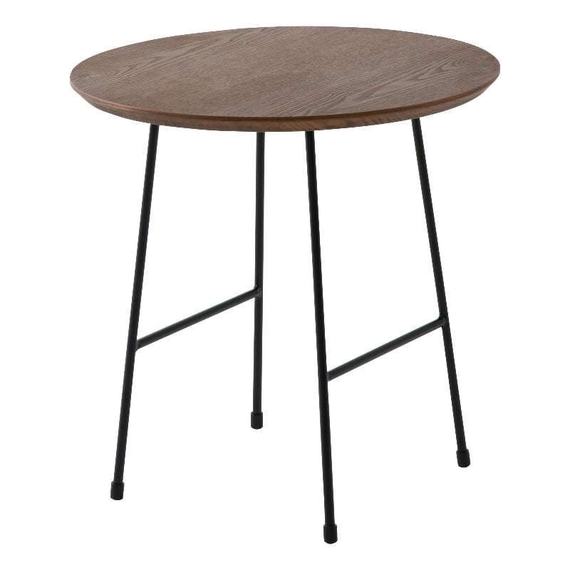 LeisureMod Rossmore Round Side Table With Wood Top and Black Frame Walnut