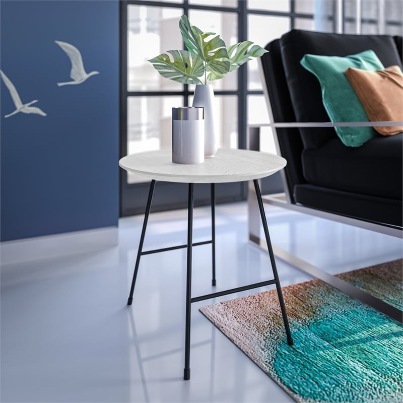 LeisureMod Rossmore Round Side Table With Wood Top and Black Frame White