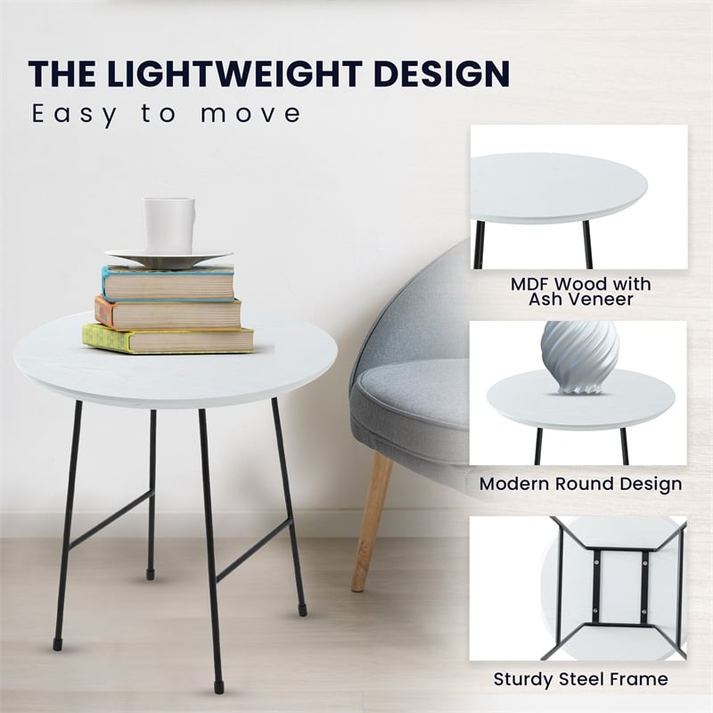 LeisureMod Rossmore Round Side Table With Wood Top and Black Frame White