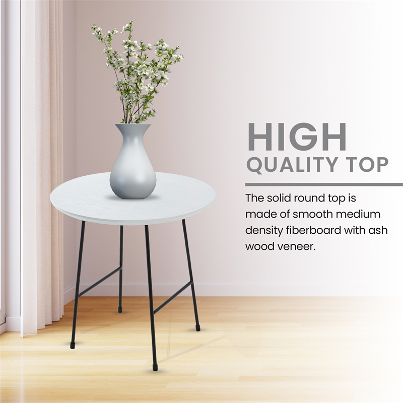 LeisureMod Rossmore Round Side Table With Wood Top and Black Frame White