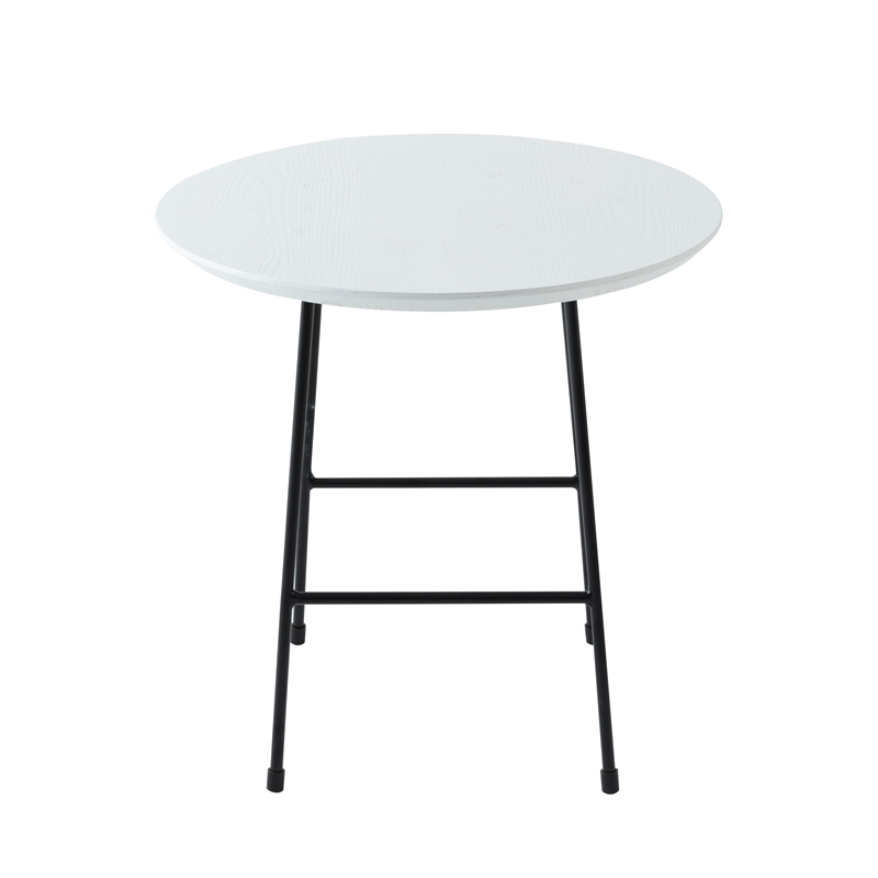 LeisureMod Rossmore Round Side Table With Wood Top and Black Frame White