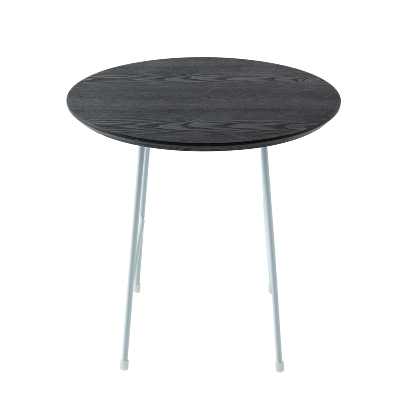 LeisureMod Rossmore Round Side Table With Wood Top and White Frame Black