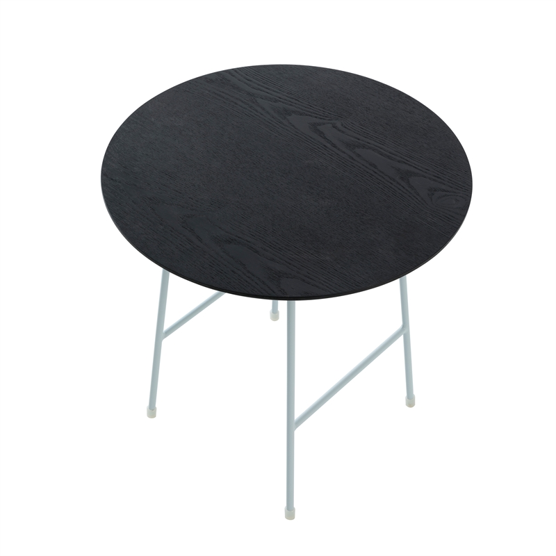 LeisureMod Rossmore Round Side Table With Wood Top and White Frame Black