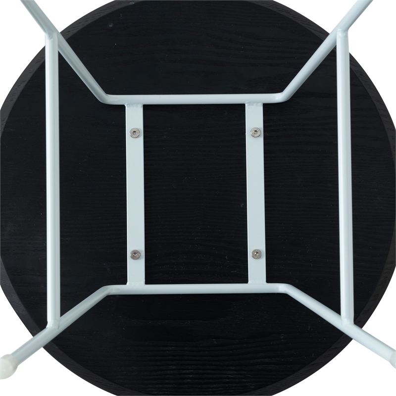 LeisureMod Rossmore Round Side Table With Wood Top and White Frame Black