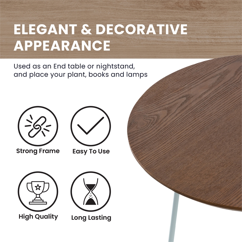 LeisureMod Rossmore Round Side Table With Wood Top and White Frame Walnut
