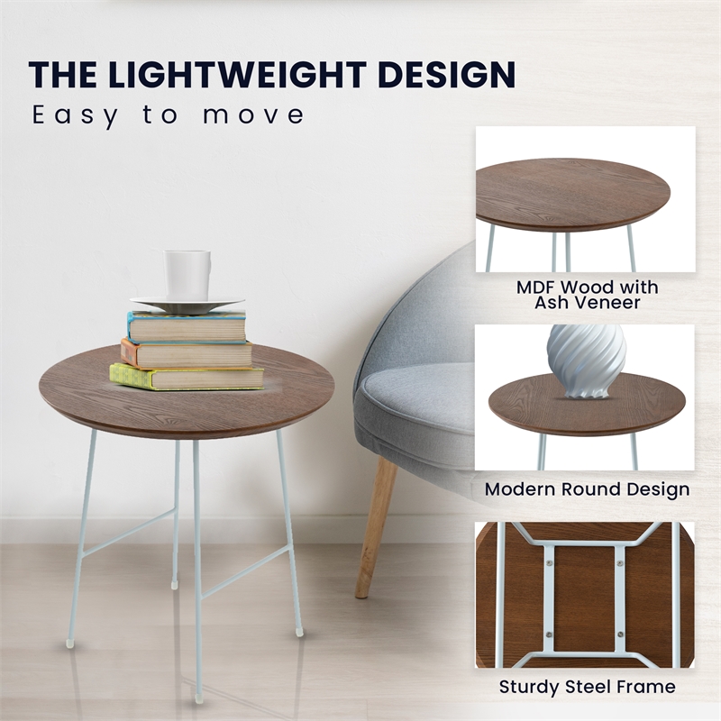 LeisureMod Rossmore Round Side Table With Wood Top and White Frame Walnut