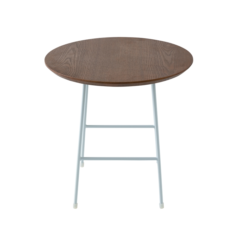 LeisureMod Rossmore Round Side Table With Wood Top and White Frame Walnut