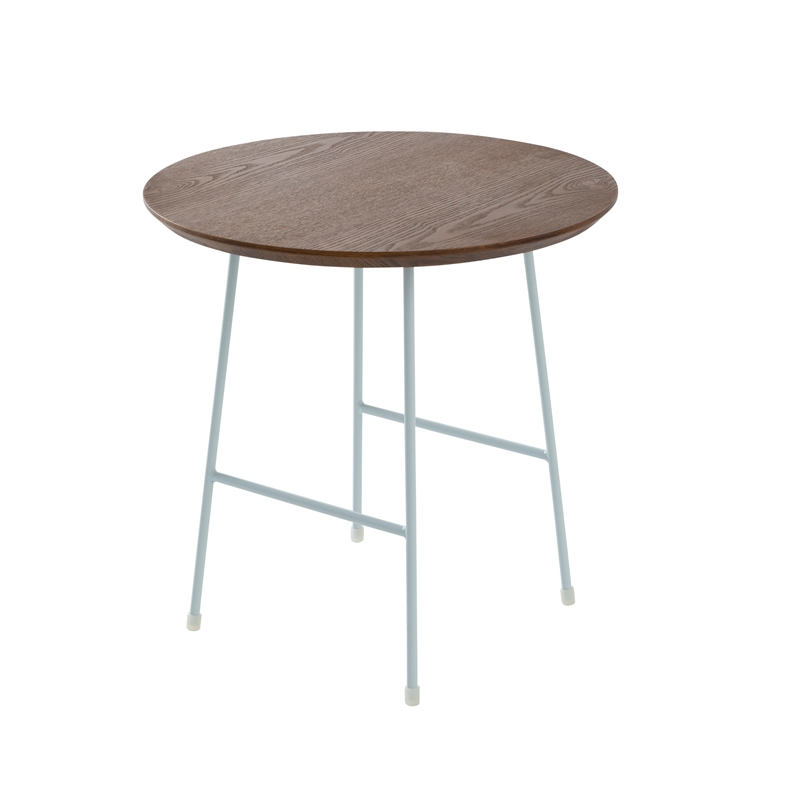 LeisureMod Rossmore Round Side Table With Wood Top and White Frame Walnut