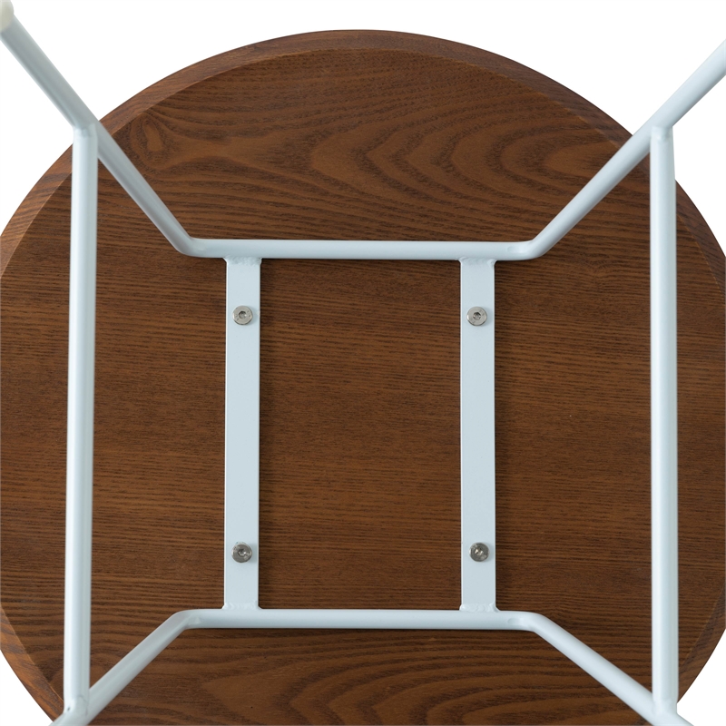 LeisureMod Rossmore Round Side Table With Wood Top and White Frame Walnut