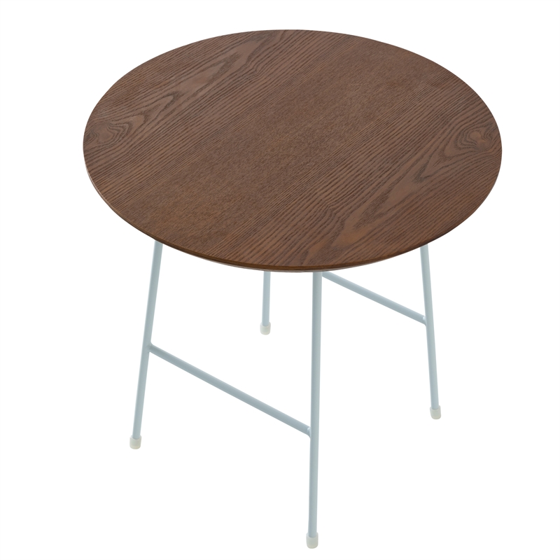 LeisureMod Rossmore Round Side Table With Wood Top and White Frame Walnut