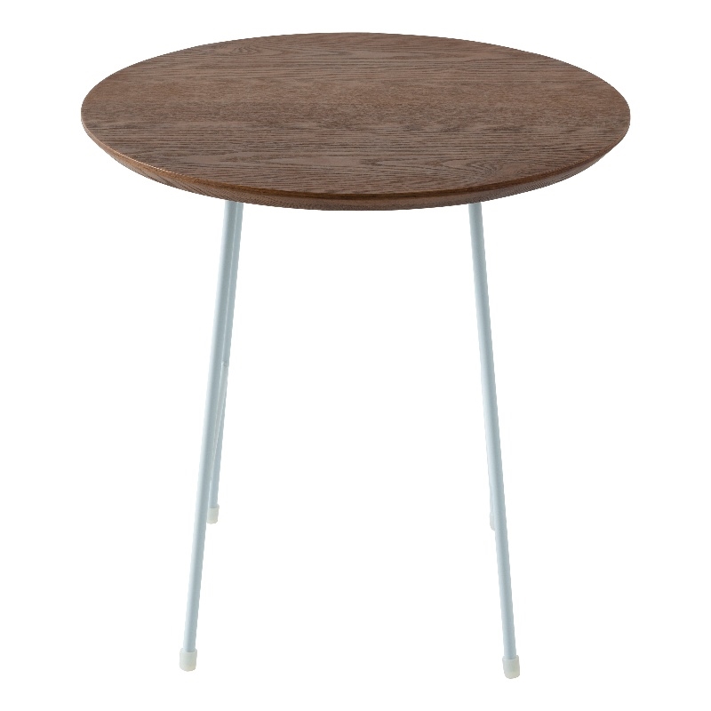 LeisureMod Rossmore Round Side Table With Wood Top and White Frame Walnut