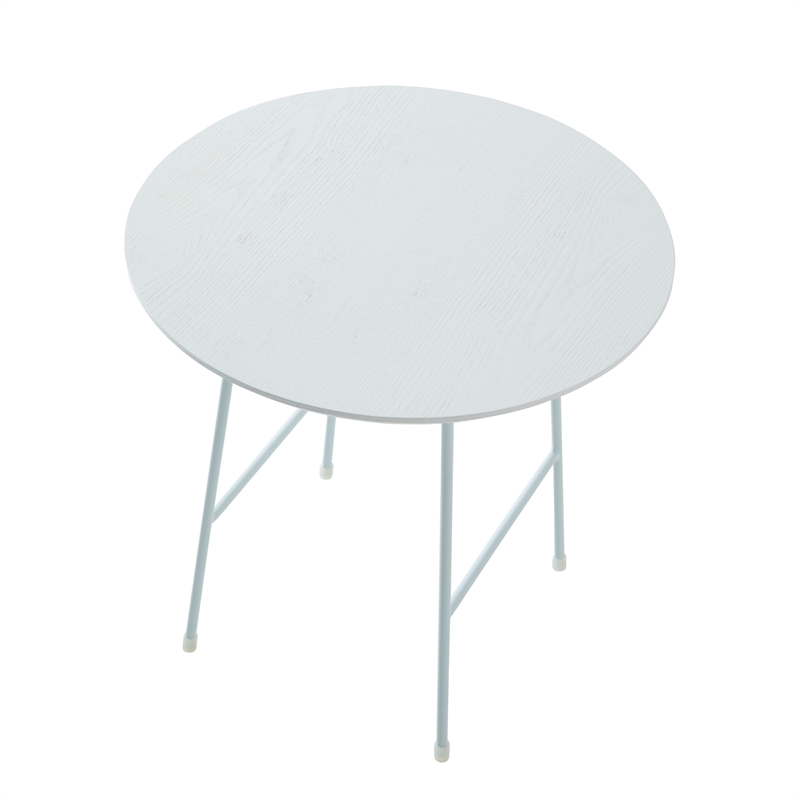 LeisureMod Rossmore Round Side Table With Wood Top and White Frame White