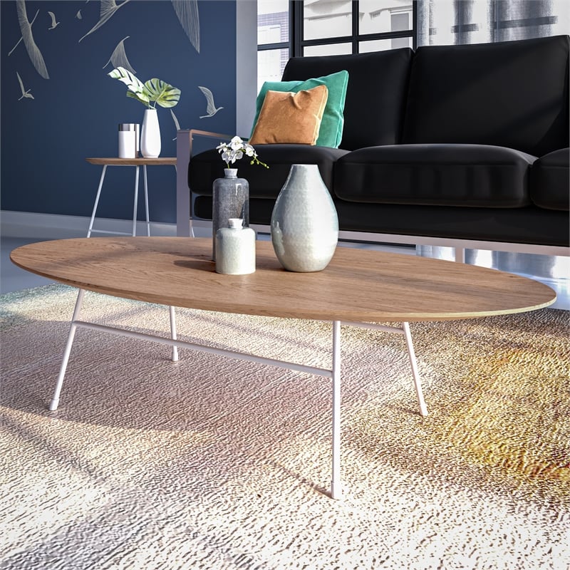 LeisureMod Rossmore Oval Side Table With Wood Top and White Frame Natural Wood