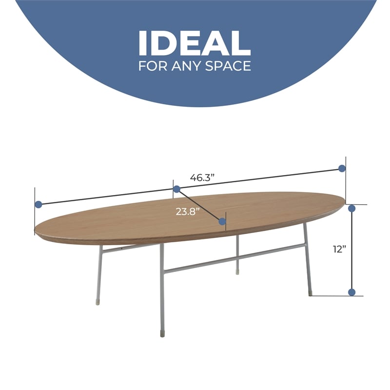 LeisureMod Rossmore Oval Side Table With Wood Top and White Frame Natural Wood