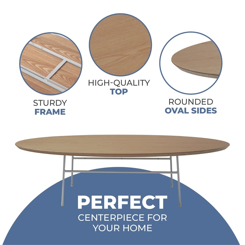 LeisureMod Rossmore Oval Side Table With Wood Top and White Frame Natural Wood
