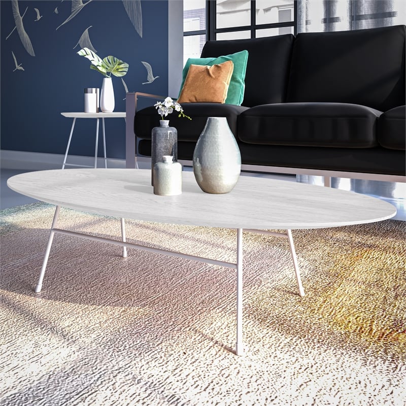 LeisureMod Rossmore Oval Side Table With Wood Top and White Frame White