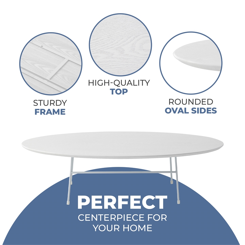 LeisureMod Rossmore Oval Side Table With Wood Top and White Frame White