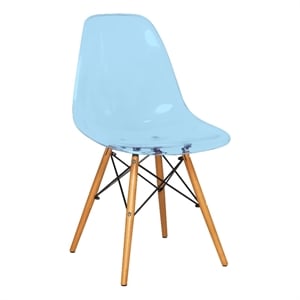 LeisureMod Dover Molded ABS Plastic Side Chair With Wood Legs Transparent Blue