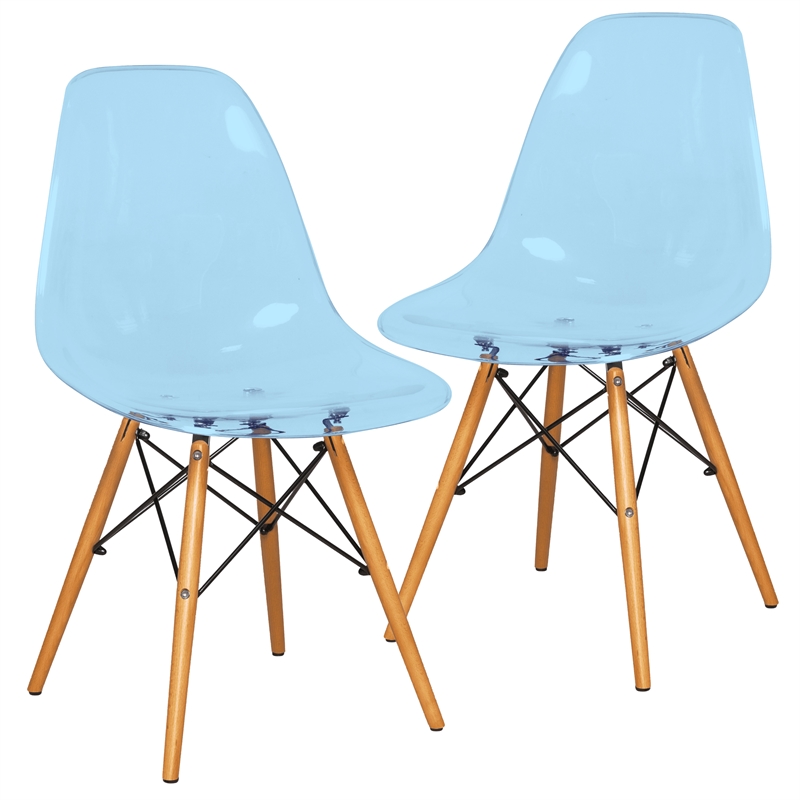 LeisureMod Dover Molded ABS Plastic Side Chair Set of 2 Transparent Blue