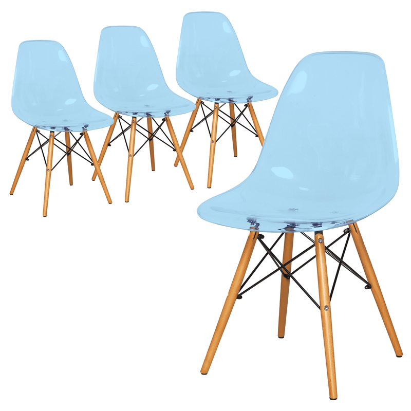 LeisureMod Dover Molded ABS Plastic Side Chair Set of 4 Transparent Blue