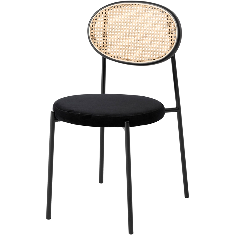 LeisureMod Euston Dining Chair with Wicker Back & Velvet Seat Set of 2 Black