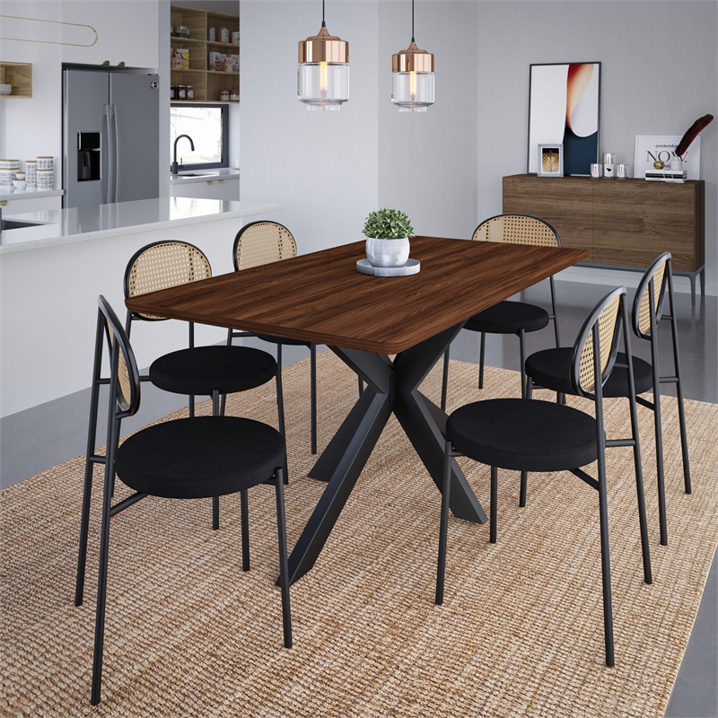 LeisureMod Euston Dining Chair with Wicker Back & Velvet Seat Set of 2 Black