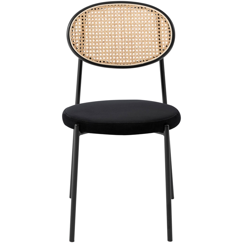 LeisureMod Euston Dining Chair with Wicker Back & Velvet Seat Set of 2 Black