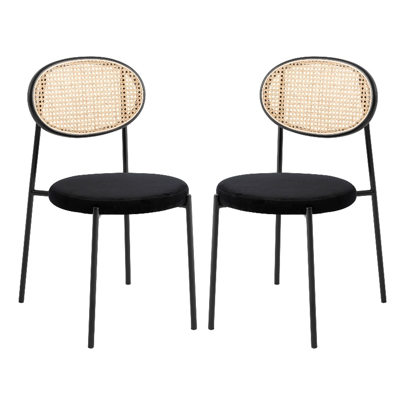 LeisureMod Euston Dining Chair with Wicker Back & Velvet Seat Set of 2 Black