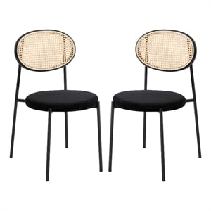 LeisureMod Euston Dining Chair with Wicker Back & Velvet Seat Set of 2 Black