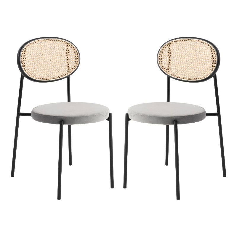 LeisureMod Euston Dining Chair with Wicker Back & Velvet Seat Set of 2 Gray