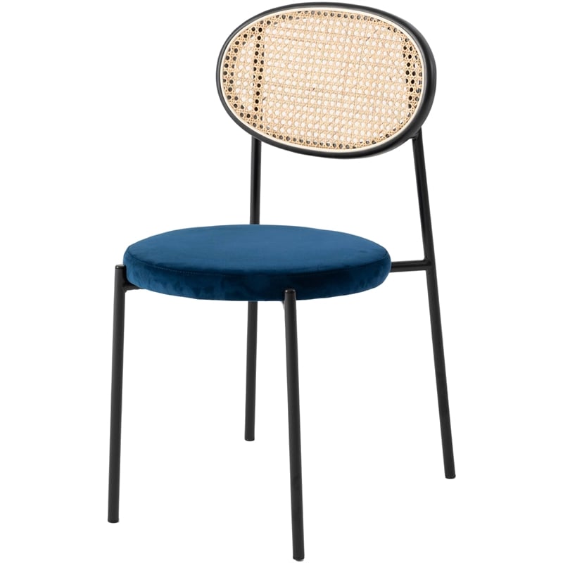 LeisureMod Euston Dining Chair with Wicker Back & Velvet Seat Set of 2 Navy Blue