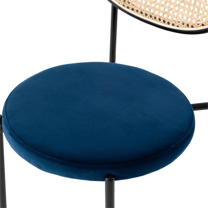LeisureMod Euston Dining Chair with Wicker Back & Velvet Seat Set of 2 Navy Blue
