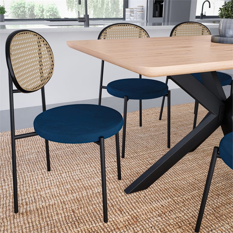 LeisureMod Euston Dining Chair with Wicker Back & Velvet Seat Set of 2 Navy Blue