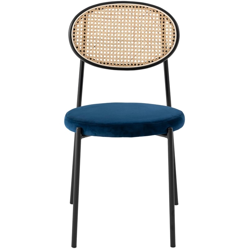 LeisureMod Euston Dining Chair with Wicker Back & Velvet Seat Set of 2 Navy Blue