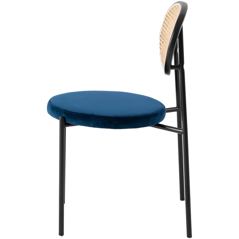 LeisureMod Euston Dining Chair with Wicker Back & Velvet Seat Set of 2 Navy Blue