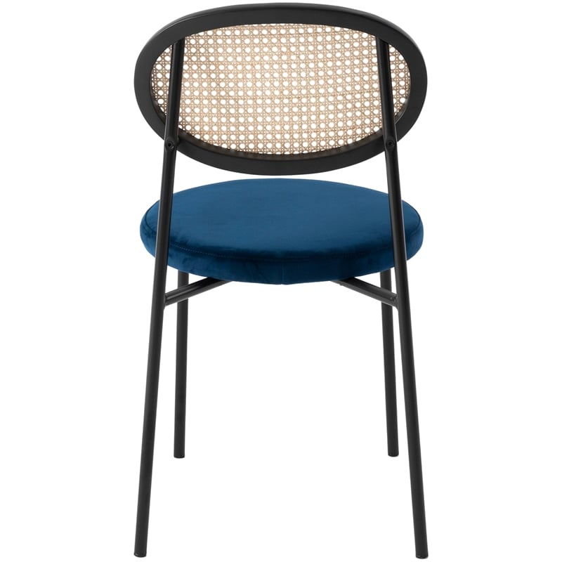 LeisureMod Euston Dining Chair with Wicker Back & Velvet Seat Set of 2 Navy Blue
