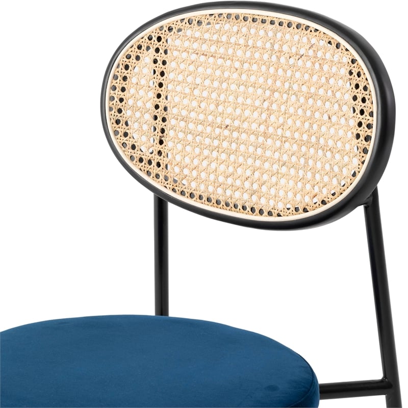 LeisureMod Euston Dining Chair with Wicker Back & Velvet Seat Set of 2 Navy Blue