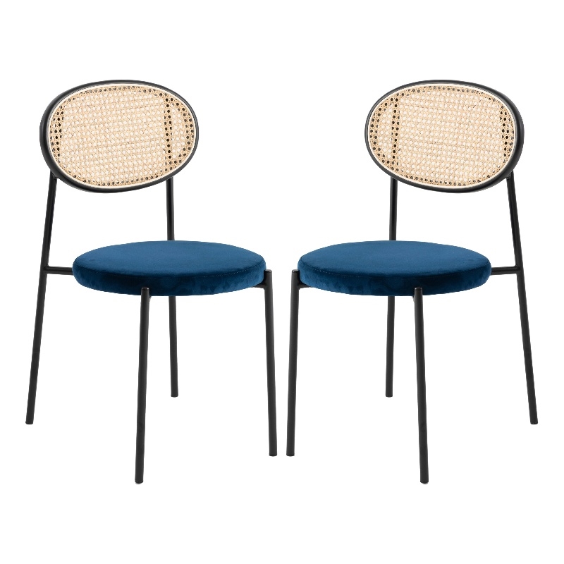 LeisureMod Euston Dining Chair with Wicker Back & Velvet Seat Set of 2 Navy Blue