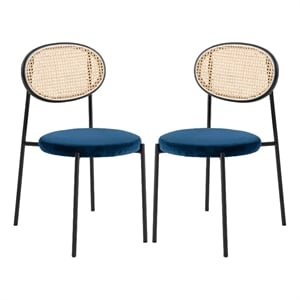 LeisureMod Euston Dining Chair with Wicker Back & Velvet Seat Set of 2 Navy Blue