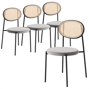 LeisureMod Euston Dining Chair with Wicker Back & Velvet Seat Set of 4 Gray