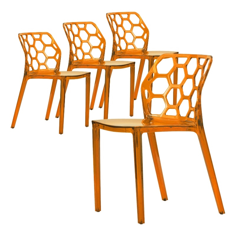 LeisureMod Dynamic Honeycomb Plastic Dining Chair Transparent Orange (Set of 4)