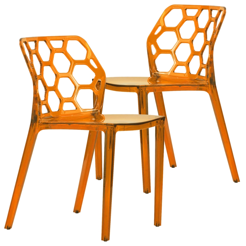 LeisureMod Dynamic Honeycomb Plastic Dining Chair Transparent Orange (Set of 2)