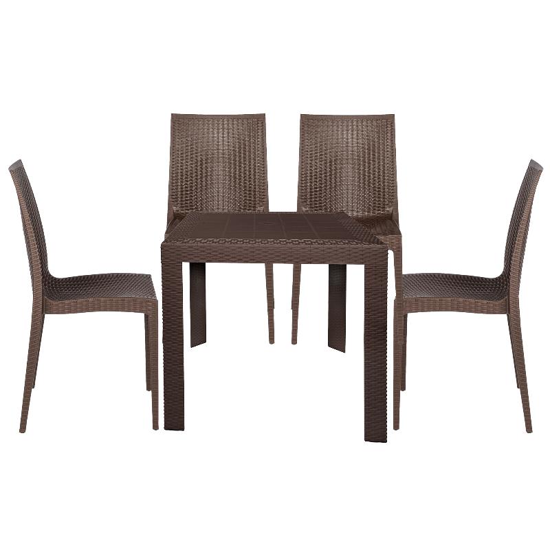 LeisureMod Mace Mid-Century 5-Piece Outdoor Dining Set Brown