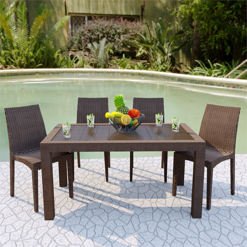 LeisureMod Mace Mid-Century 5-Piece Outdoor Dining Set Brown White