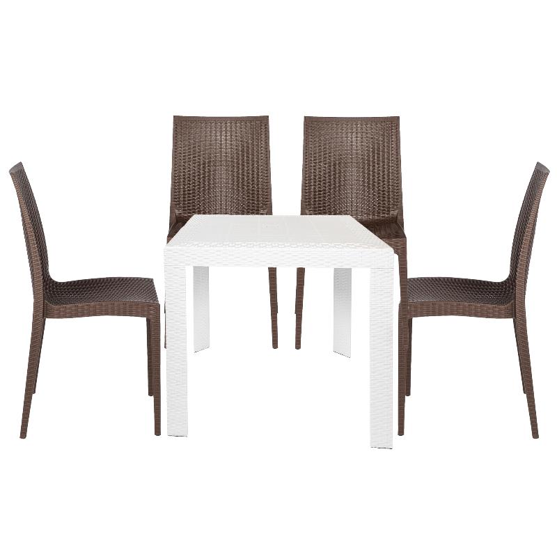 LeisureMod Mace Mid-Century 5-Piece Outdoor Dining Set Brown White